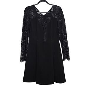 The Kooples Women's Black Long Sleeve Fluid Crepe & Lace Mini Dress Size Large